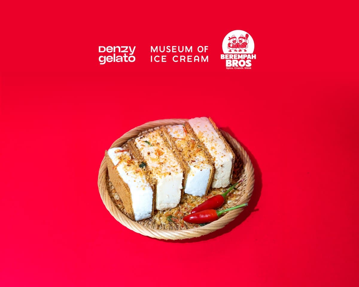 Denzy Gelato x Museum of Ice Cream x Berempah Bros collaboration: rempah-dusted ice cream sandwiches in a rattan basket with red chillies on a red background, under the three brand logos.