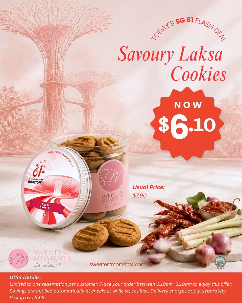Sweetest Moments SG61 flash deal poster for Tuesday: Savoury Laksa Cookies in a National Day tin, now $6.10 from a usual $7.90.