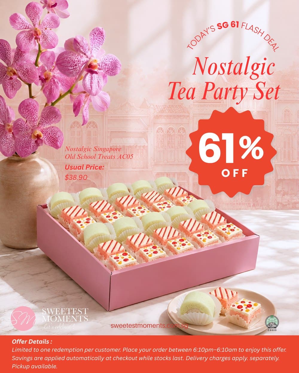 Sweetest Moments SG61 flash deal poster for Monday: the Nostalgic Tea Party Set, a pink box of old-school Singapore treats, marked 61% off, usual price $38.90.
