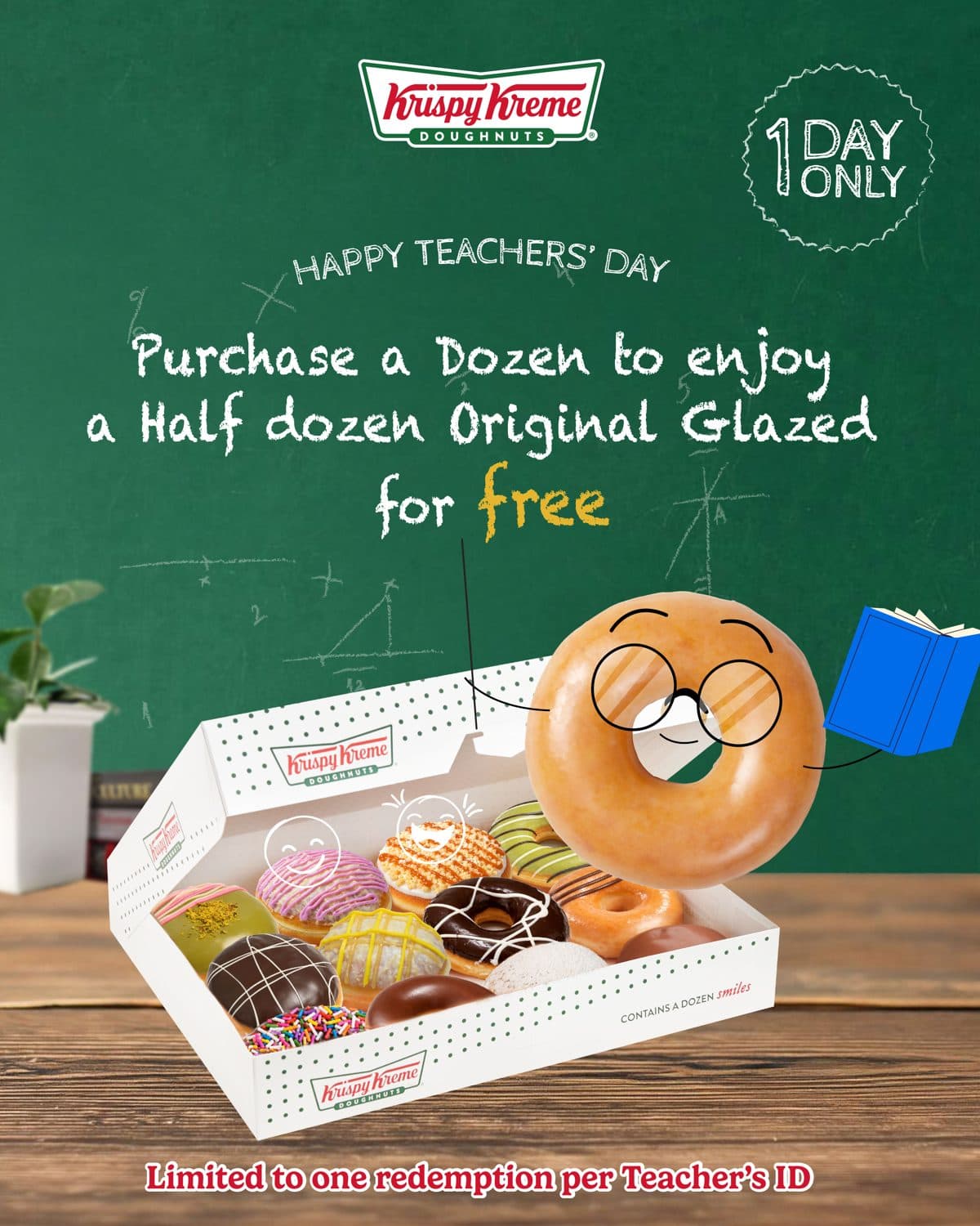 Krispy Kreme 教师节海报:购买一打甜甜圈免费获得半打 Original Glazed,仅限一天,每张教师证限兑换一次。