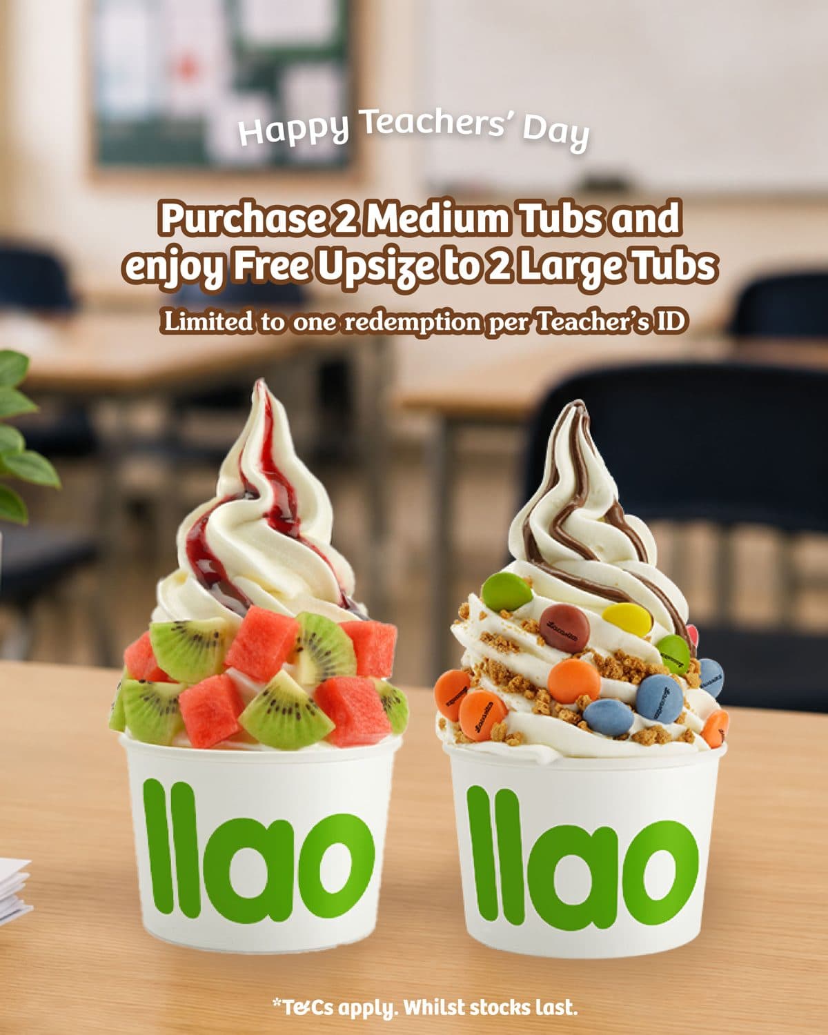 llaollao Teachers' Day poster: purchase 2 Medium Tubs and enjoy free upsize to 2 Large Tubs, limited to one redemption per Teacher's ID.