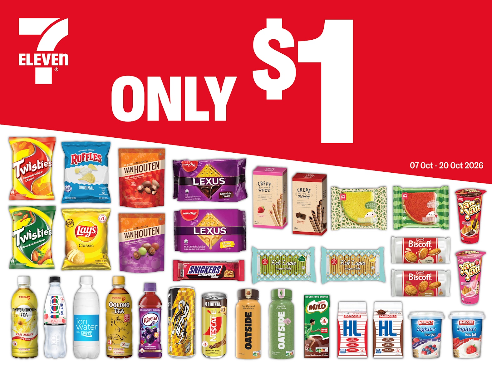 7-Eleven Singapore's official ONLY $1 poster for 7 to 20 October 2026, showing the 21 snacks and drinks.