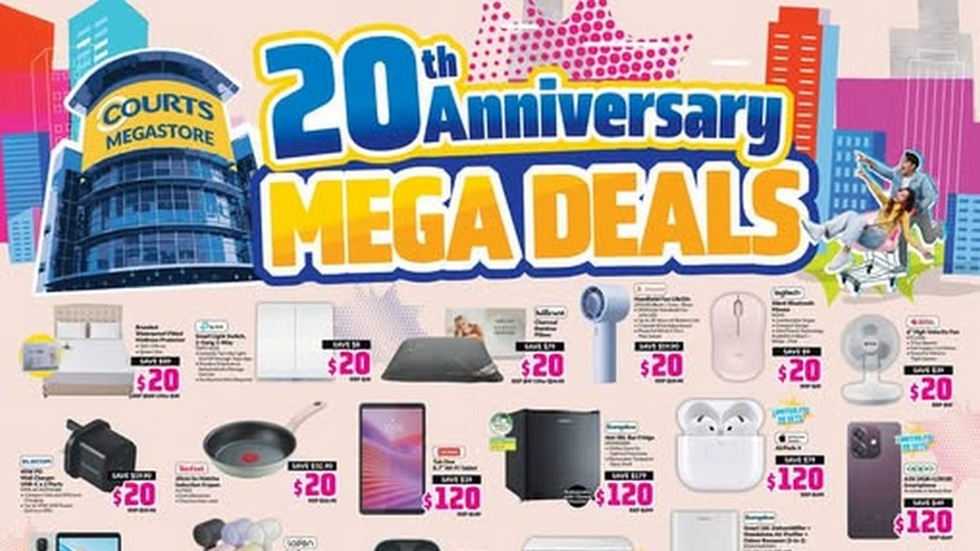 今晚新登场 (9 月 7 日周一), 海报上唯一的日期是结束日 9 月 21 日 (周日): COURTS 20 周年 Mega Deals 是 $20 起的固定价位而且已含消费税, 但满 20 年的是淡滨尼 Megastore, 不是 COURTS