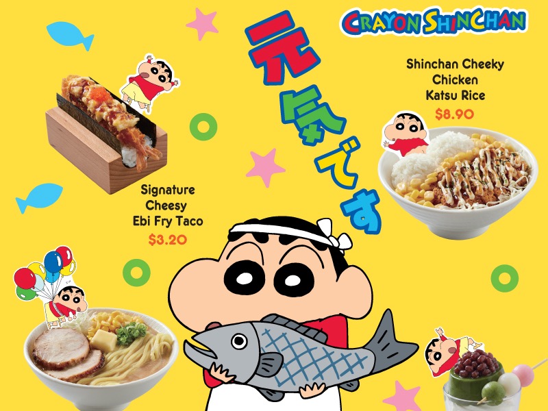 NEW FRI 25 SEP, AND IT RUNS TO SUN 8 NOV: GENKI SUSHI x CRAYON SHINCHAN PUTS A CHEESY EBI FRY TACO AT $3.20 AND GIVES A GACHAPON SPIN FOR EVERY $50, BUT THE PRIZES ARE RANDOM AND THE $25.90 HOODIE IS MEMBERS ONLY, SO JOIN THE FREE APP BEFORE YOU PAY