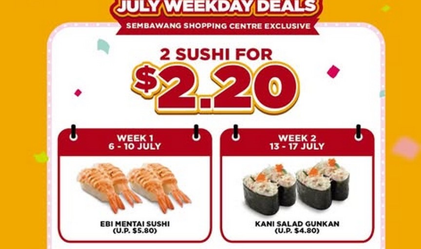 Genki Sushi — 平日 2 件寿司 $2.20(新 Sembawang 分店)+ $1.80 每日超值菜单