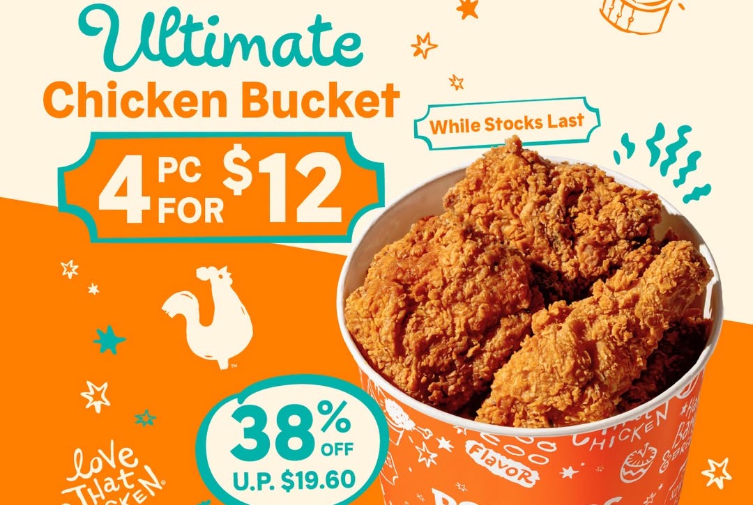 NEW THU 3 SEP, RUNS TO SUN 20 SEP: POPEYES' $12 ULTIMATE CHICKEN BUCKET IS 38% OFF, BUT ITS OWN LOUISIANA WEDNESDAY SELLS THE SAME FOUR PIECES FOR $10 ON 9 AND 16 SEP