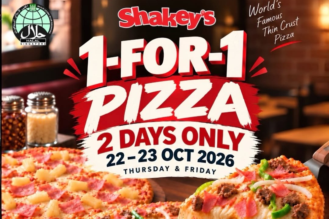 NEW THU 22 OCT, 8.30AM, AND IT RUNS TODAY AND TOMORROW ONLY, THU 22 TO FRI 23 OCT: SHAKEY'S BRINGS BACK ITS 1-FOR-1 PIZZA AT LUCKY PLAZA, SO A SECOND THIN CRUST OR HAND-TOSSED PIZZA IS FREE, BUT ONLY FOR PARLOUR CLUB MEMBERS (FREE TO JOIN ON THE SPOT) AND NOT ON DELIVERY
