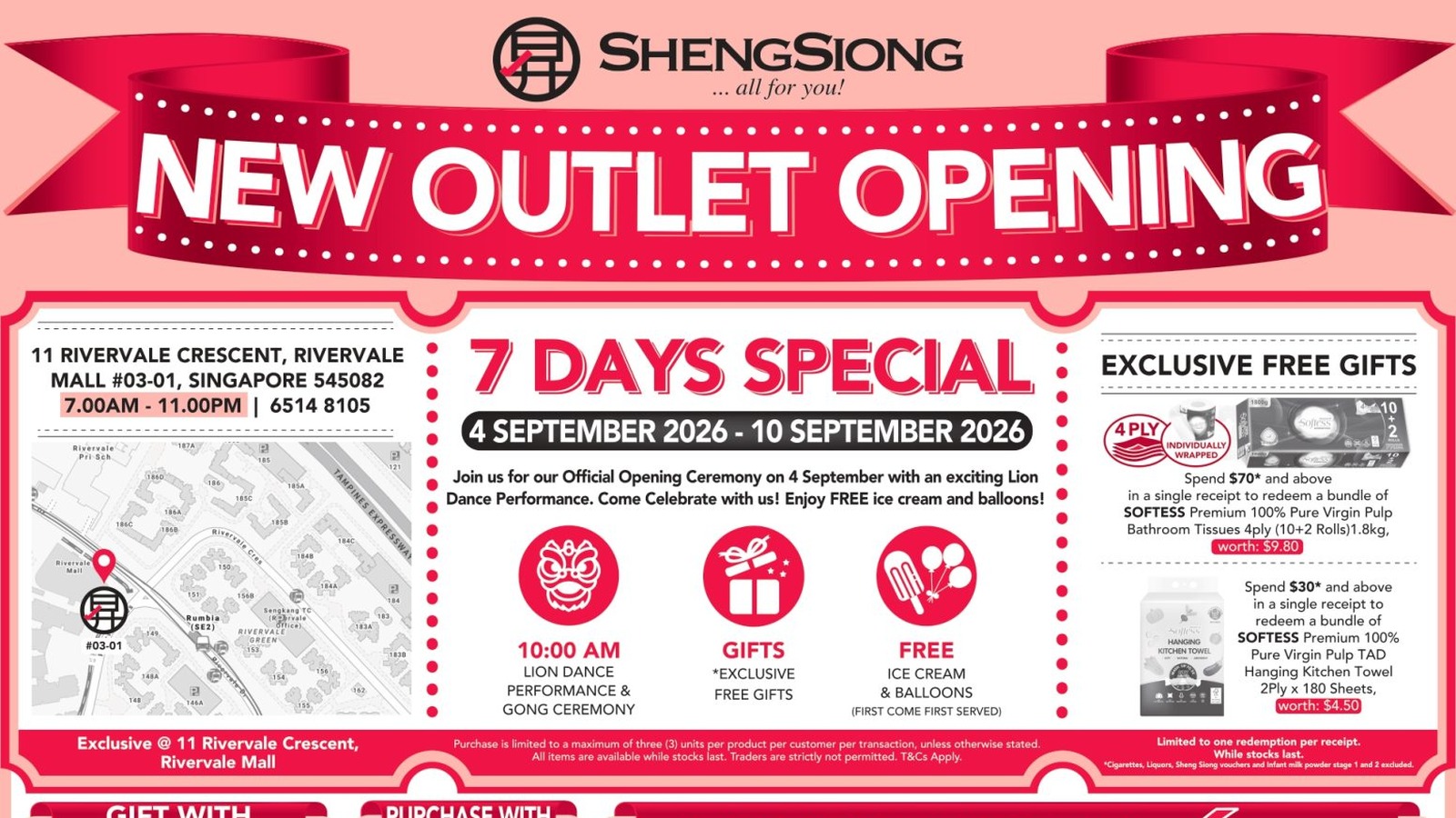 NEW FRI 4 SEP, FOUR DAYS LEFT TO 10 SEP: SHENG SIONG'S NEW RIVERVALE MALL STORE PUTS A $69.43 KING CRAB CLUSTER AT $18.80, BUT EVERY PRICE ON THE SHEET IS EXCLUSIVE TO THAT ONE ADDRESS