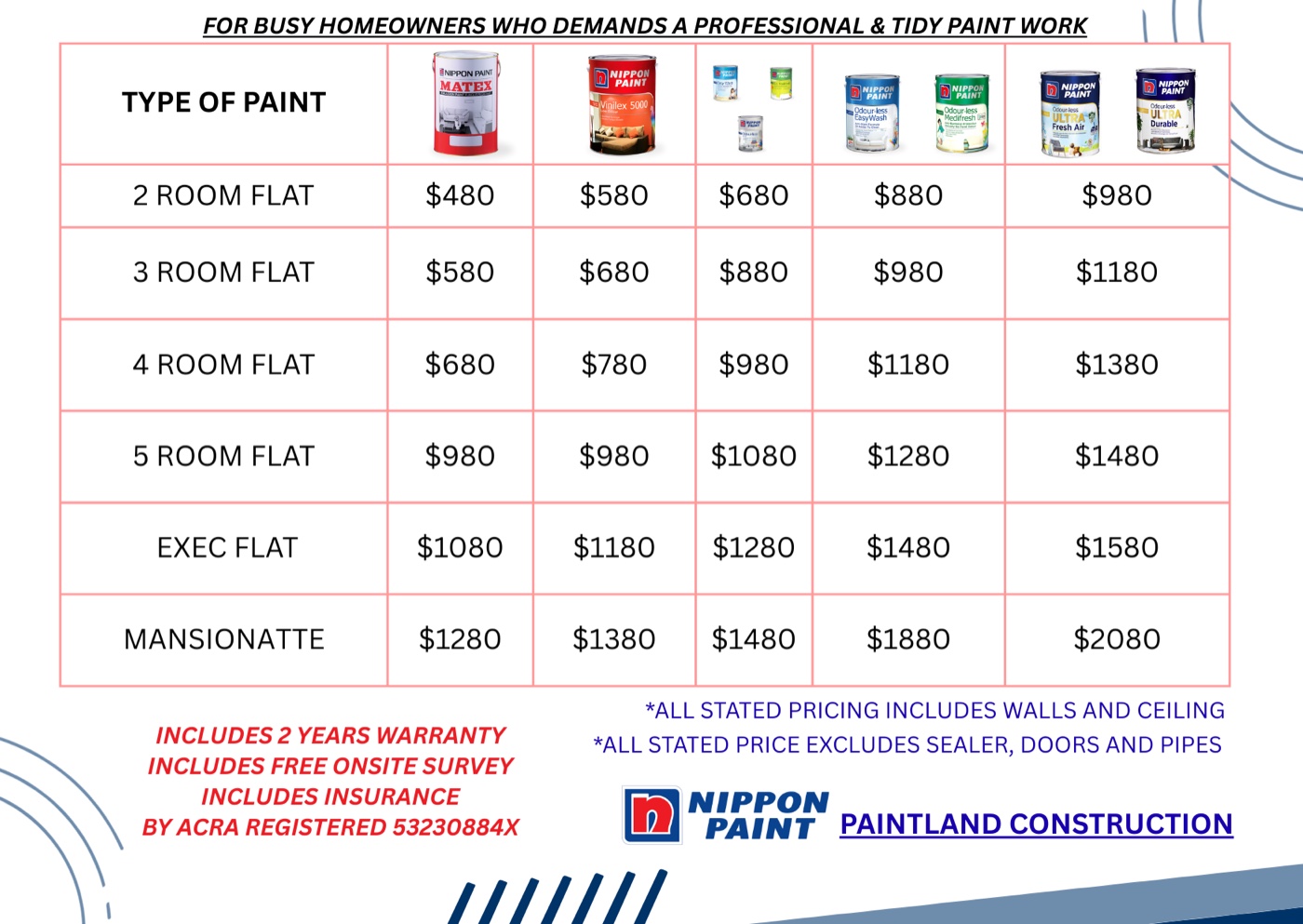 Painting.com.sg (Paintland Construction): 本文最低的整屋公开价, 并附 2 年保修