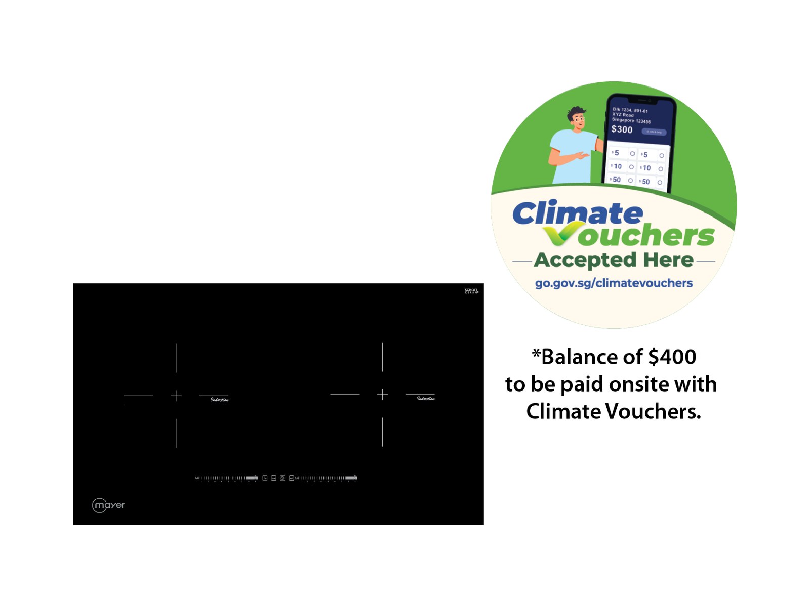 Mayer: best for Climate Vouchers, 75cm hob $349 after $400 of vouchers
