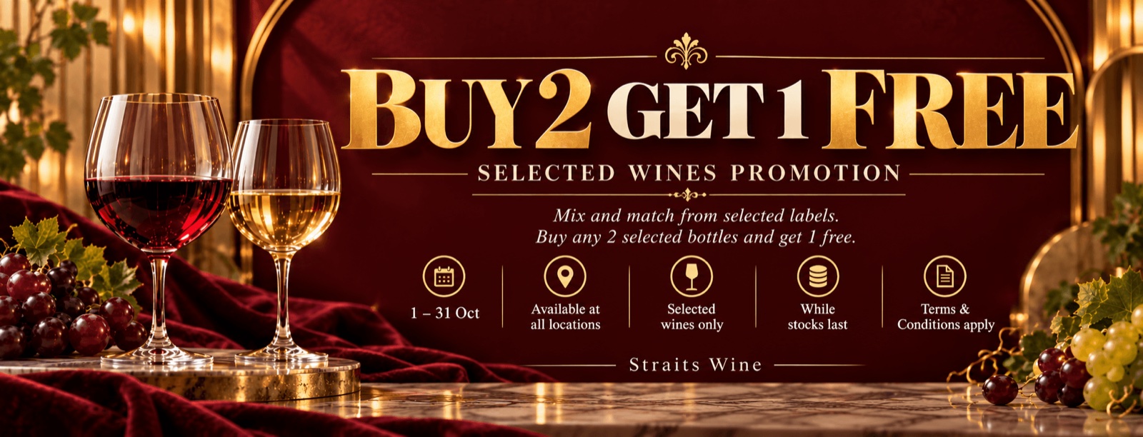 Straits Wine: 48 款精选葡萄酒买二送一, 全部门市, 至 10 月 31 日