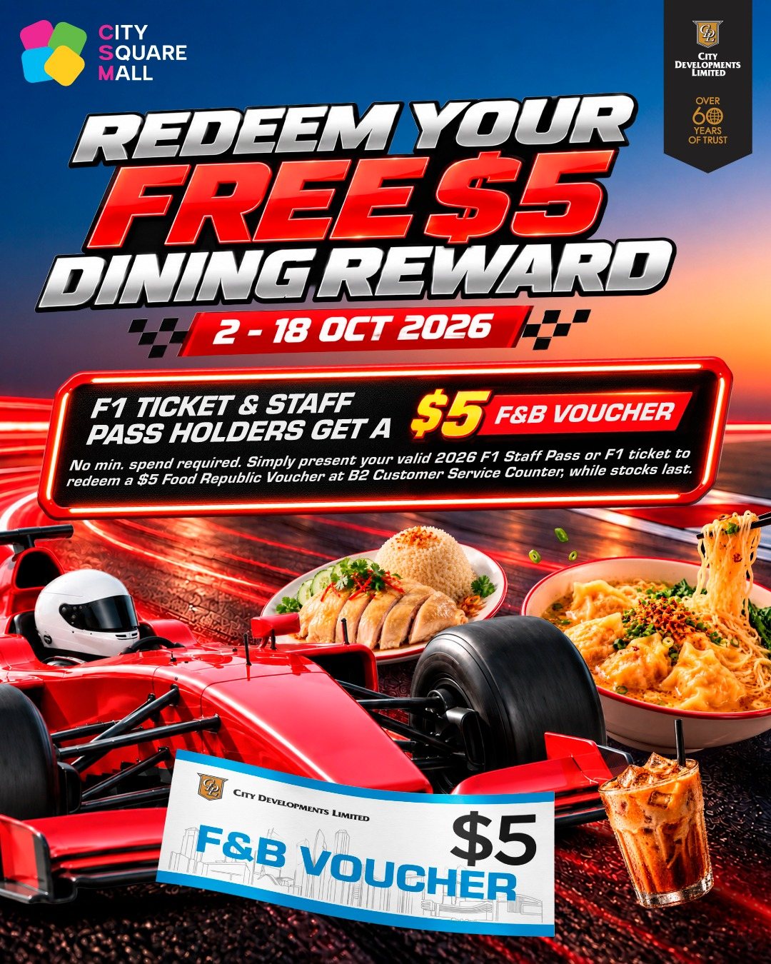 City Square Mall F1 campaign visual: redeem your free $5 dining reward, 2-18 Oct 2026, F1 ticket and staff pass holders get a $5 F&B voucher.