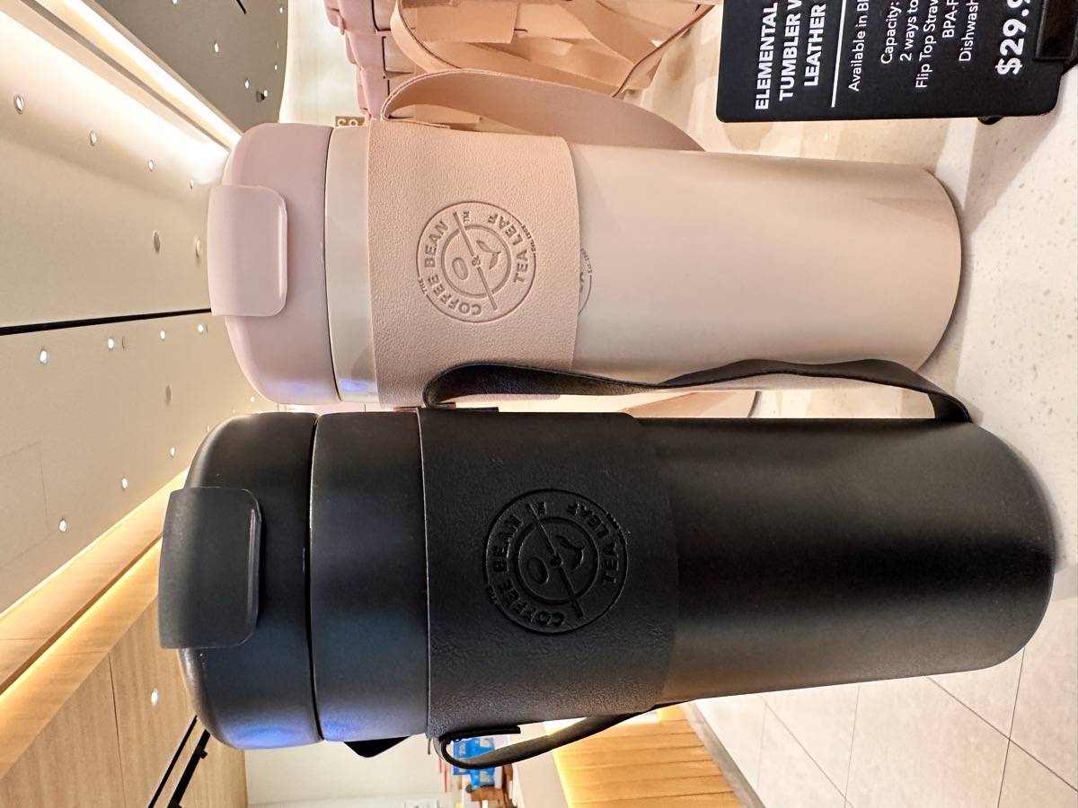The Coffee Bean Elemental Duo-Sip Tumbler with PU Leather Strap — S$29.90 each, 720 ml, available in black and pink
