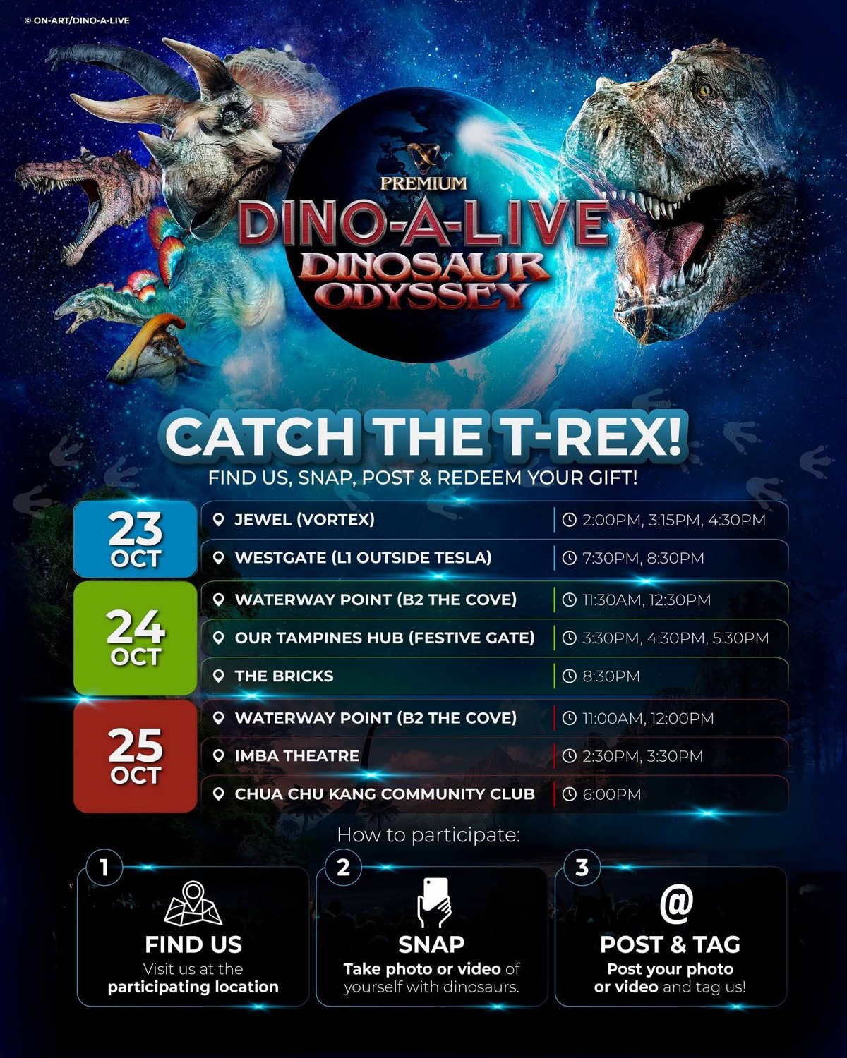 The DINOSAUR ODYSSEY T-Rex Walkabout schedule and spotting challenge details.