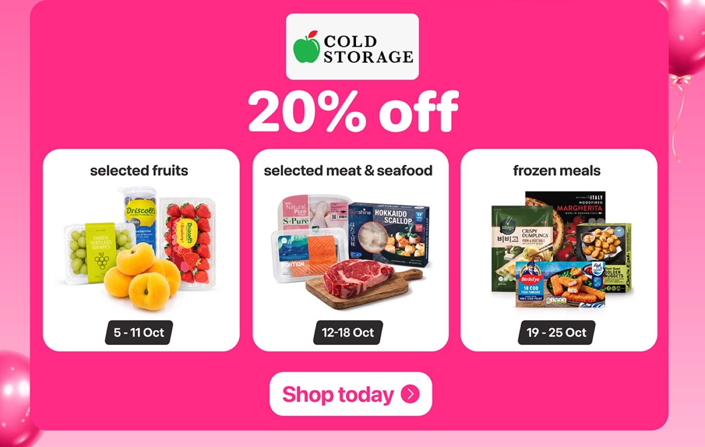 Cold Storage 20% off weekly categories on foodpanda: fruits 5-11 Oct, meat & seafood 12-18 Oct, frozen meals 19-25 Oct.