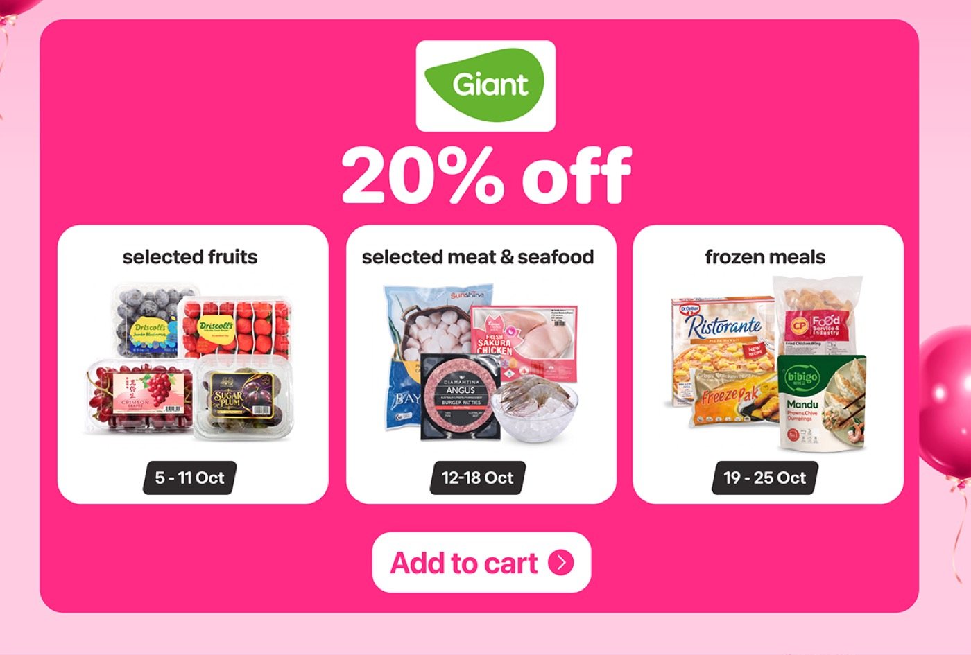 Giant 20% off weekly categories on foodpanda: fruits 5-11 Oct, meat & seafood 12-18 Oct, frozen meals 19-25 Oct.