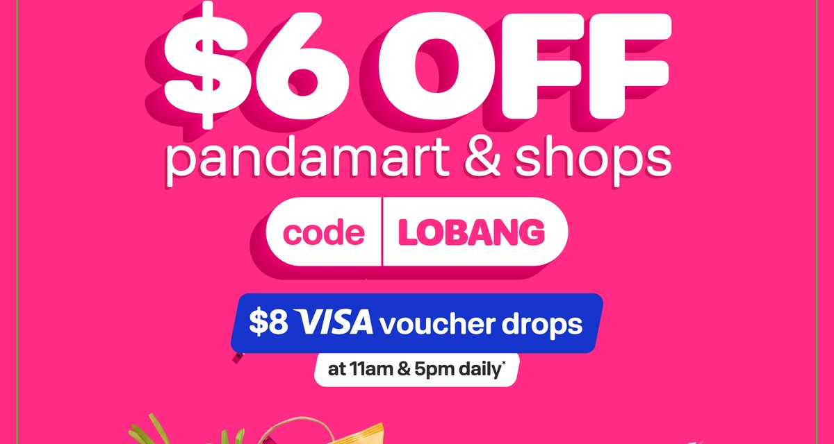 foodpanda's official key visual for the November campaign: $6 off pandamart and shops with code LOBANG, and the $8 Visa voucher drops at 11am and 5pm daily.