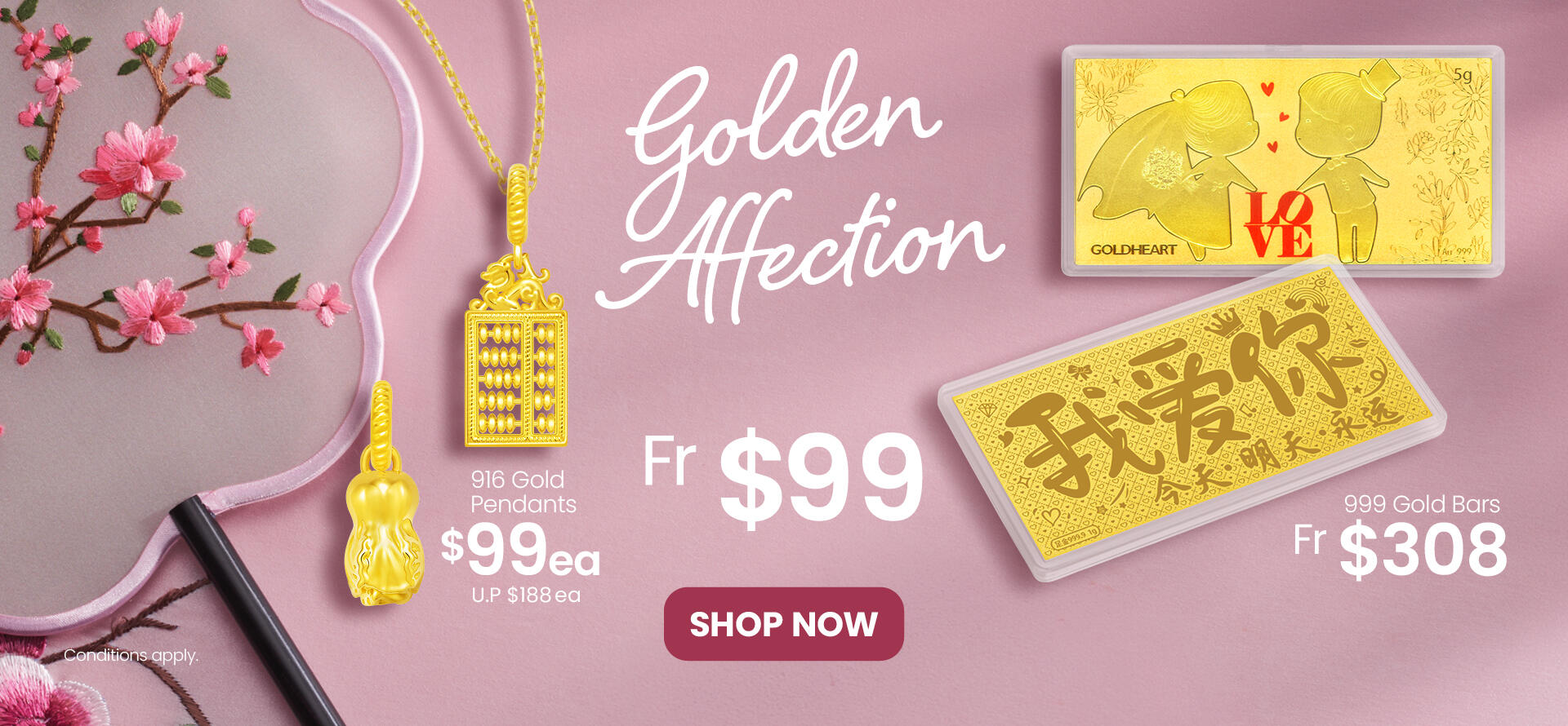 Goldheart:GH10OFF 优惠码、916 吊坠 S$99,但金价每克只减 S$2