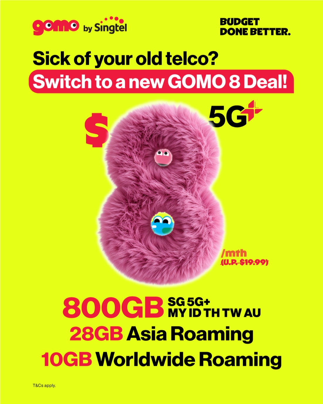 GOMO 8 优惠官方宣传图: 月费 $8, 原价 $19.99, 800GB 数据 、28GB 亚洲与 10GB 全球漫游。