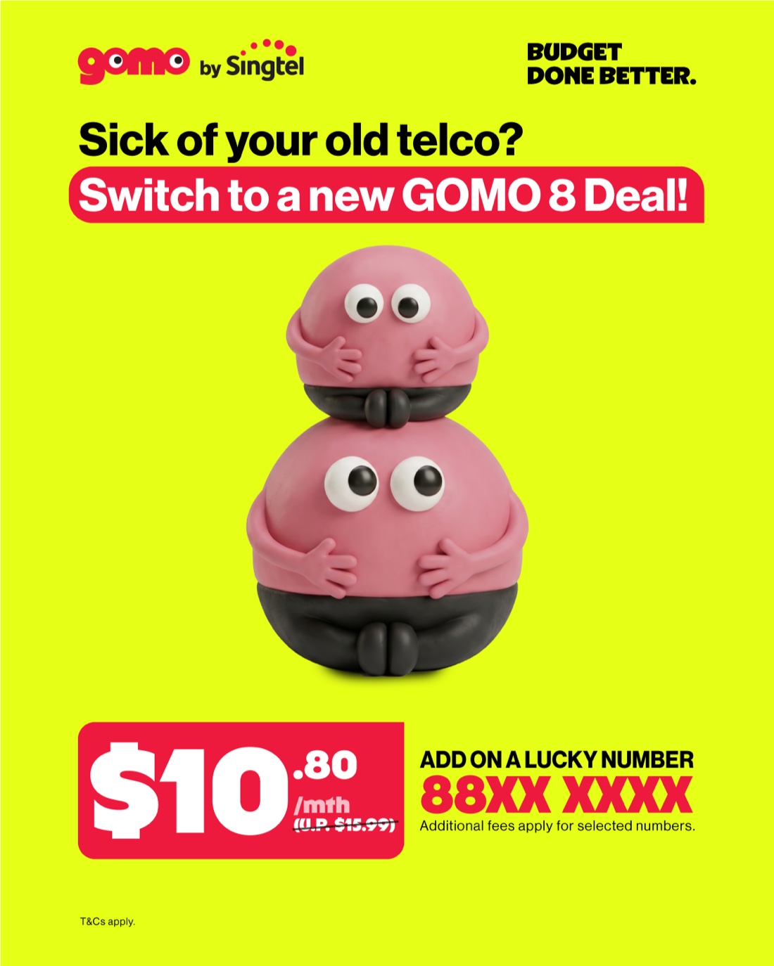 GOMO Lucky 8 官方宣传图: $10.80 月费, 原价 $15.99, 可加选 88XX XXXX 幸运号码。