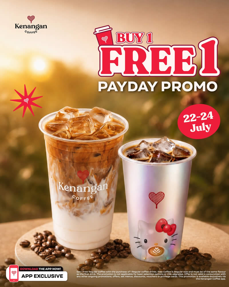 Kenangan Coffee Singapore's official Payday Promo poster: an iced Kenangan latte and an iced black coffee on a wooden surface with coffee beans, under large red 'BUY 1 FREE 1 PAYDAY PROMO' lettering and a '22-24 July' badge, with an 'App Exclusive' banner along the bottom.