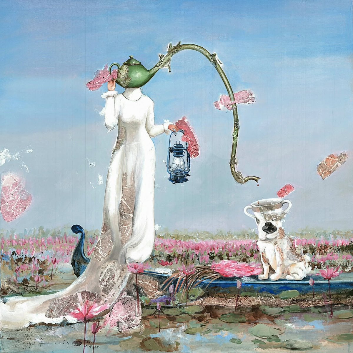 Zakir Husain Tanha's The Kettle of Love, a surreal figure with a kettle for a head holding a lantern among pink lotus blossoms.