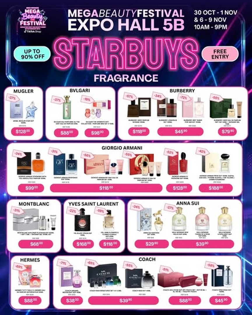 Mega Beauty Festival Starbuys fragrance poster with Burberry, Giorgio Armani and Coach prices.