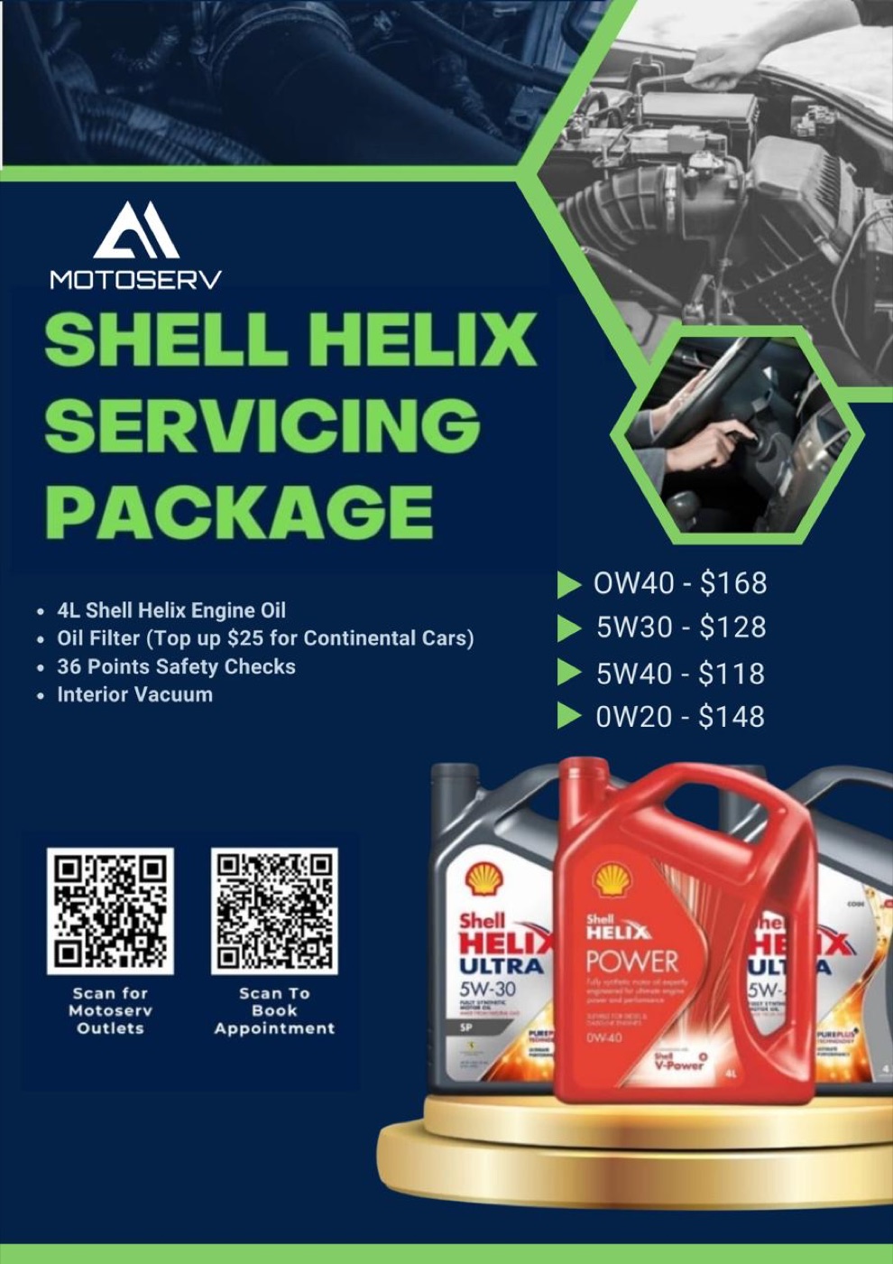Motoserv — Shell Autoserv 与 Caltex autoPro 旗下 9 家维修厂, 油电车 0W-20 配套由 $148 降为 $118, 但额外机油每公升 $32.71 是本榜最贵