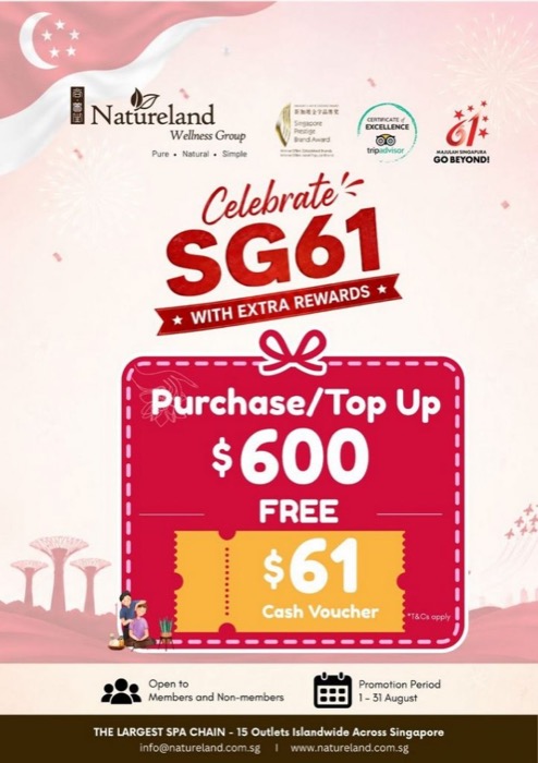 Natureland — 新加坡最大连锁(15 家分店),非会员 $68/60 分钟,本月两项 SG61 优惠