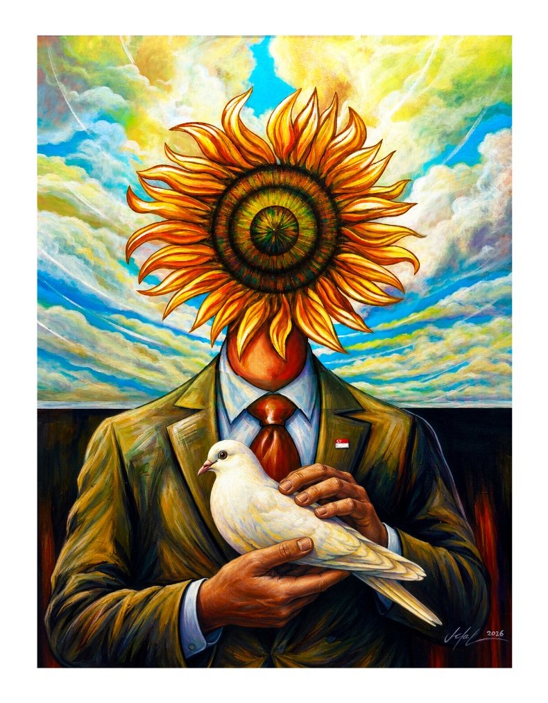 Abu Jalal's Peace is Priceless, showing a suited figure with a sunflower head cradling a white dove.