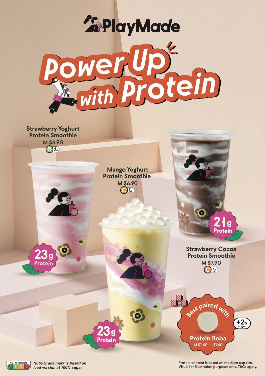 PlayMade Power Up with Protein poster: three protein smoothies with prices, protein counts and Nutri-Grades, plus the Protein Boba topping.