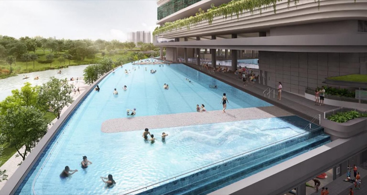 Artist impression of the 50m infinity pool at Punggol Regional Sport Centre, overlooking Punggol Waterway.
