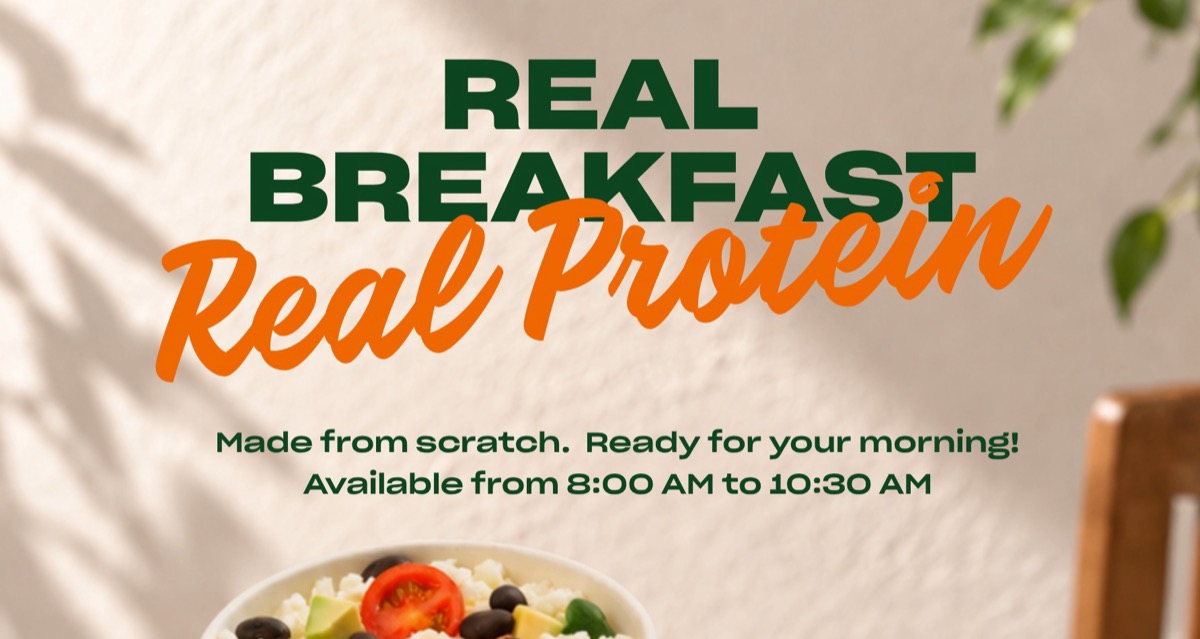 SaladStop! Real Breakfast Real Protein 官方海报, 标明 8am 至 10.30am 时段。