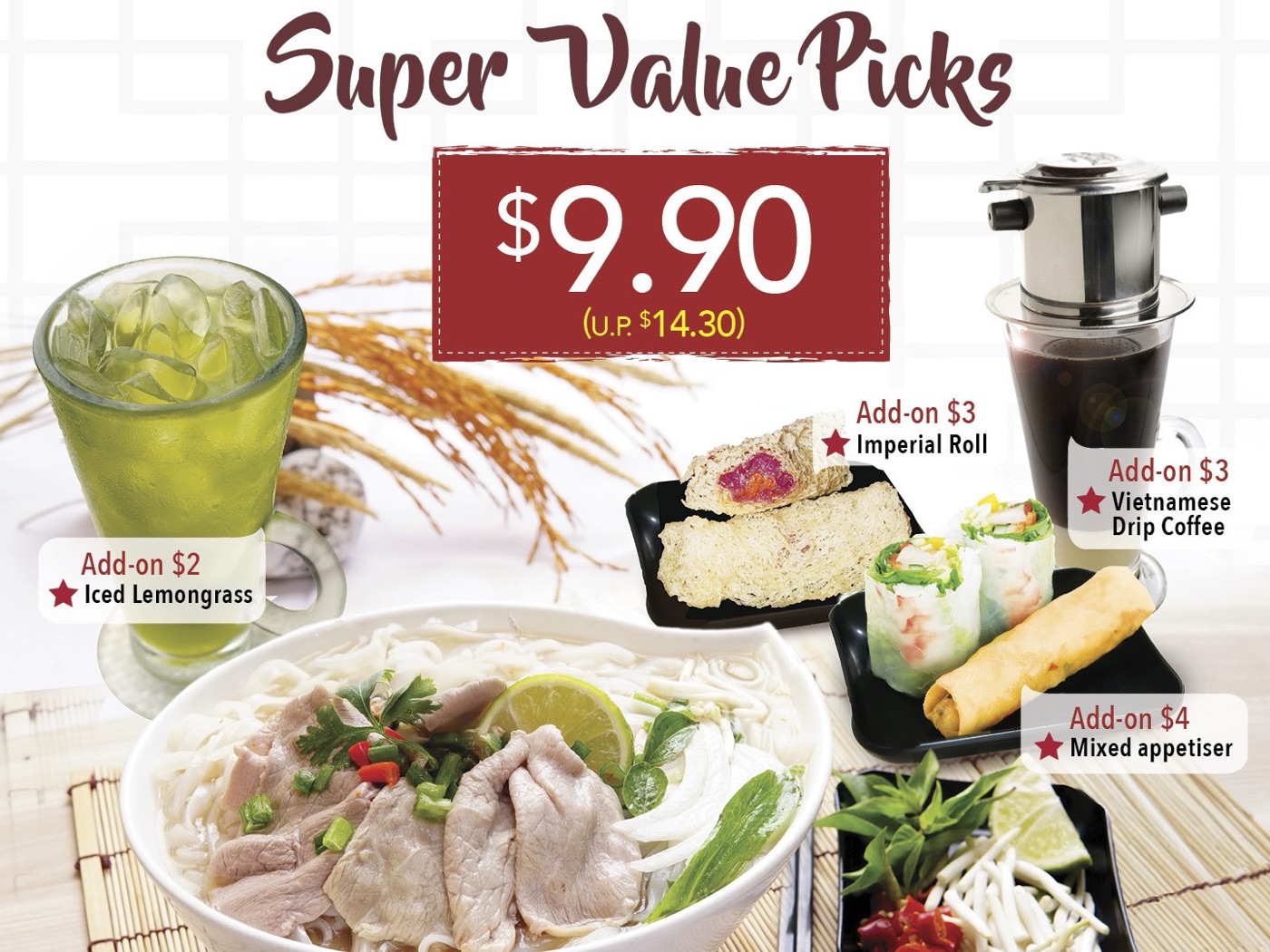 So Pho:平日 $9.90 河粉套餐, 五家商场供应, 饮料现在要另加钱