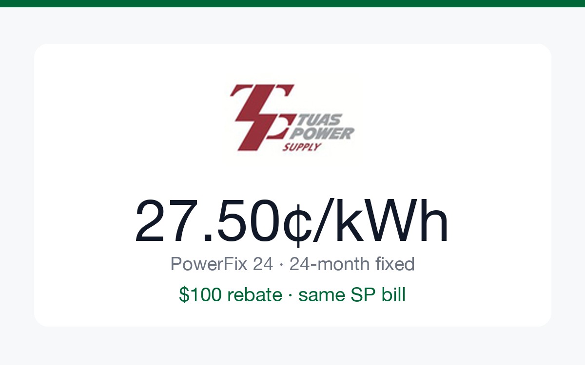 Tuas Power — $100 Rebate Plus the Only "Same SP Bill" Pitch
